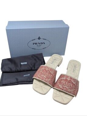 Prada Red Ivory White Tweed Logo Slide Sandals Size EU 41